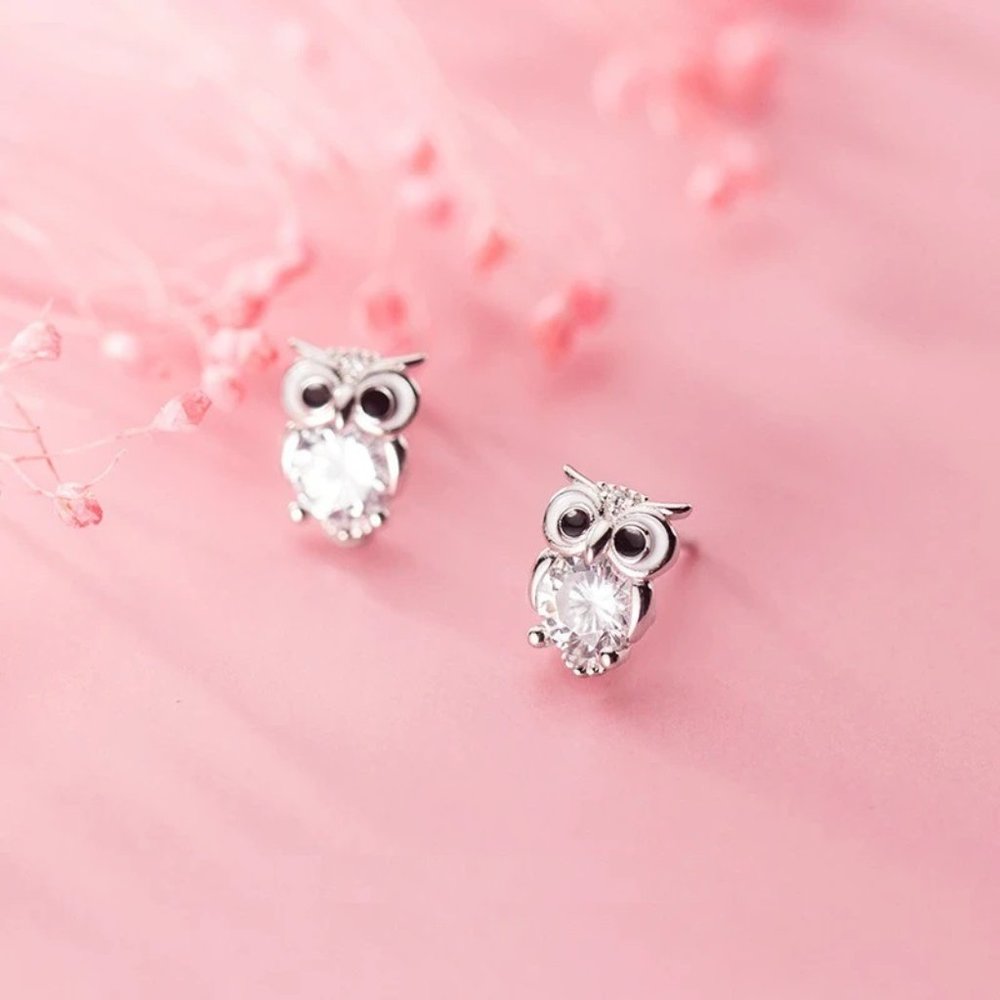NEW S925 Sterling Silver Cubic Zirconia Gemstone Owl Stud Earrings